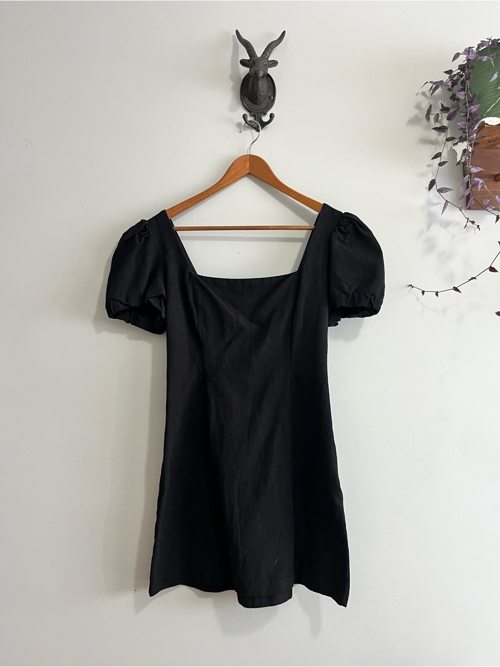 Zara Black Linen Puff-Sleeve Square Neck Mini Dress sz large
